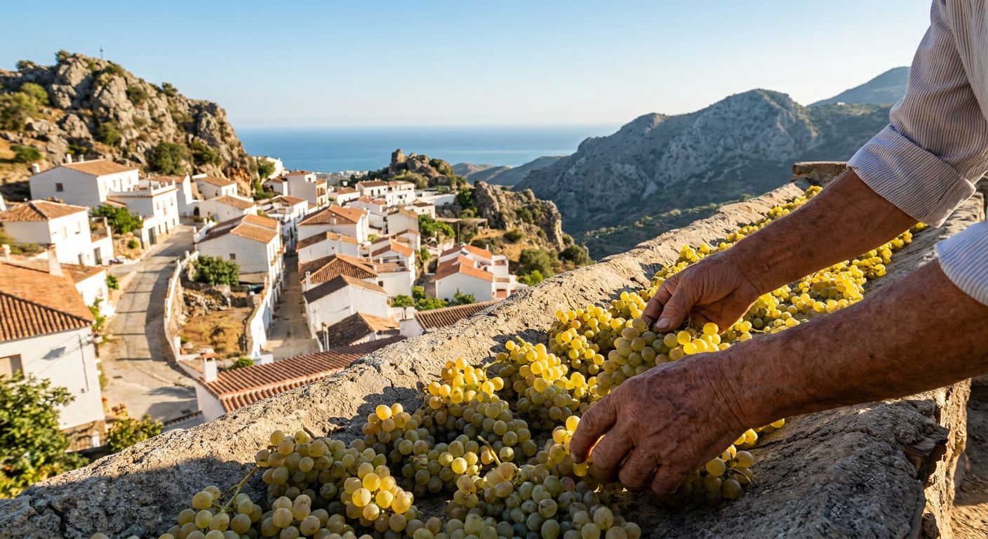A cluster of white-washed houses perched on a steep Andalusian hillside under a clear blue sky.