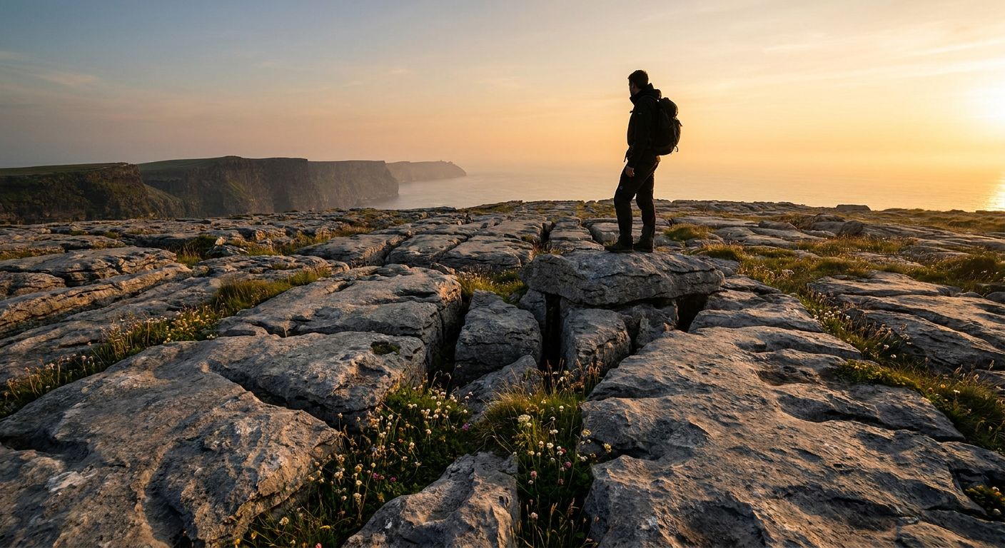 A panoramic view of the steep, dark Cliffs of Moher dropping into the Atlantic Ocean under a cloudy sky.