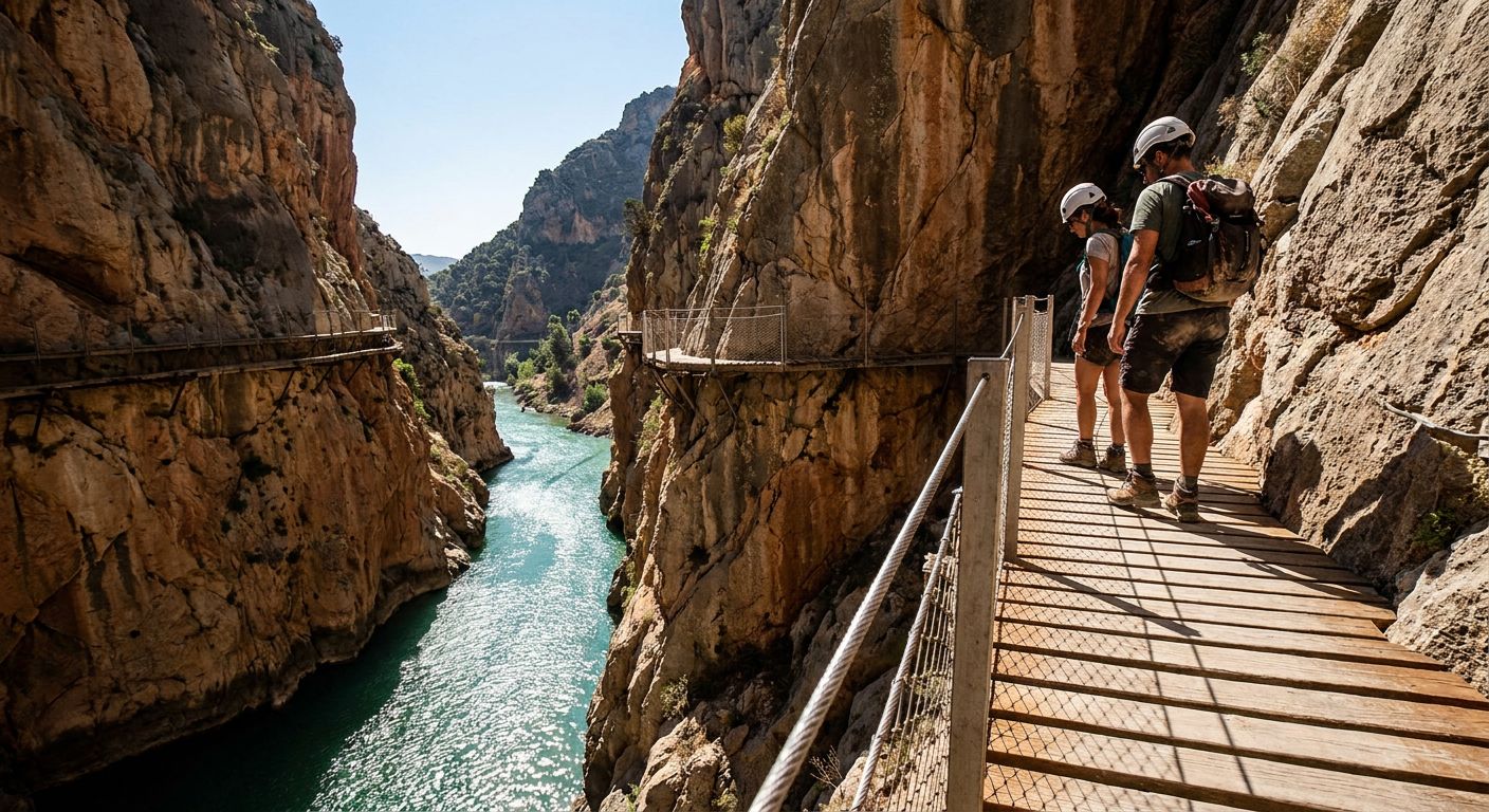 A turquoise river flows through the steep, honey-colored limestone cliffs of the Gaitanes Gorge in Andalusia.