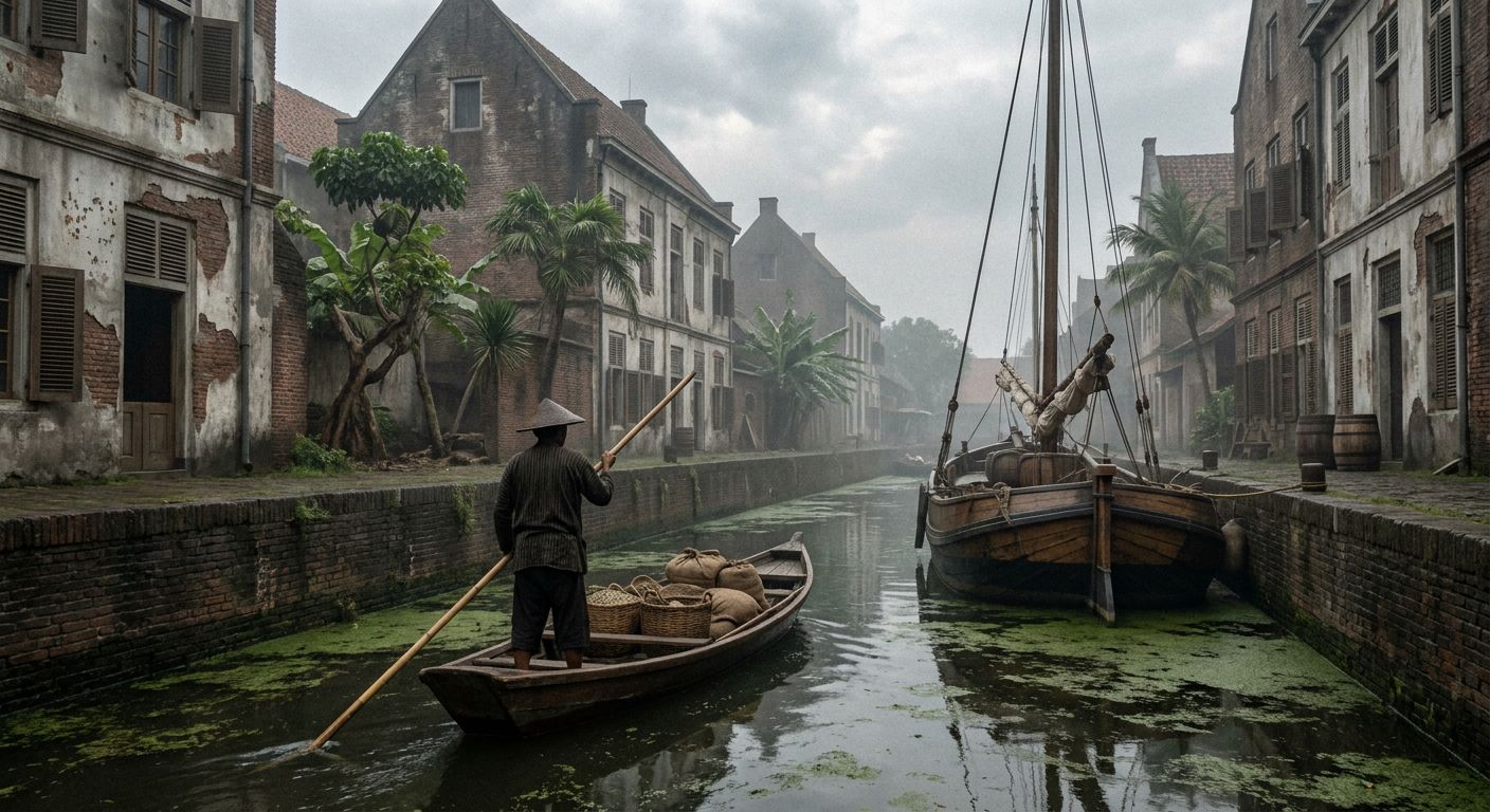 A view of the historic Dutch-style architecture and canals in the Kota Tua district of Jakarta.
