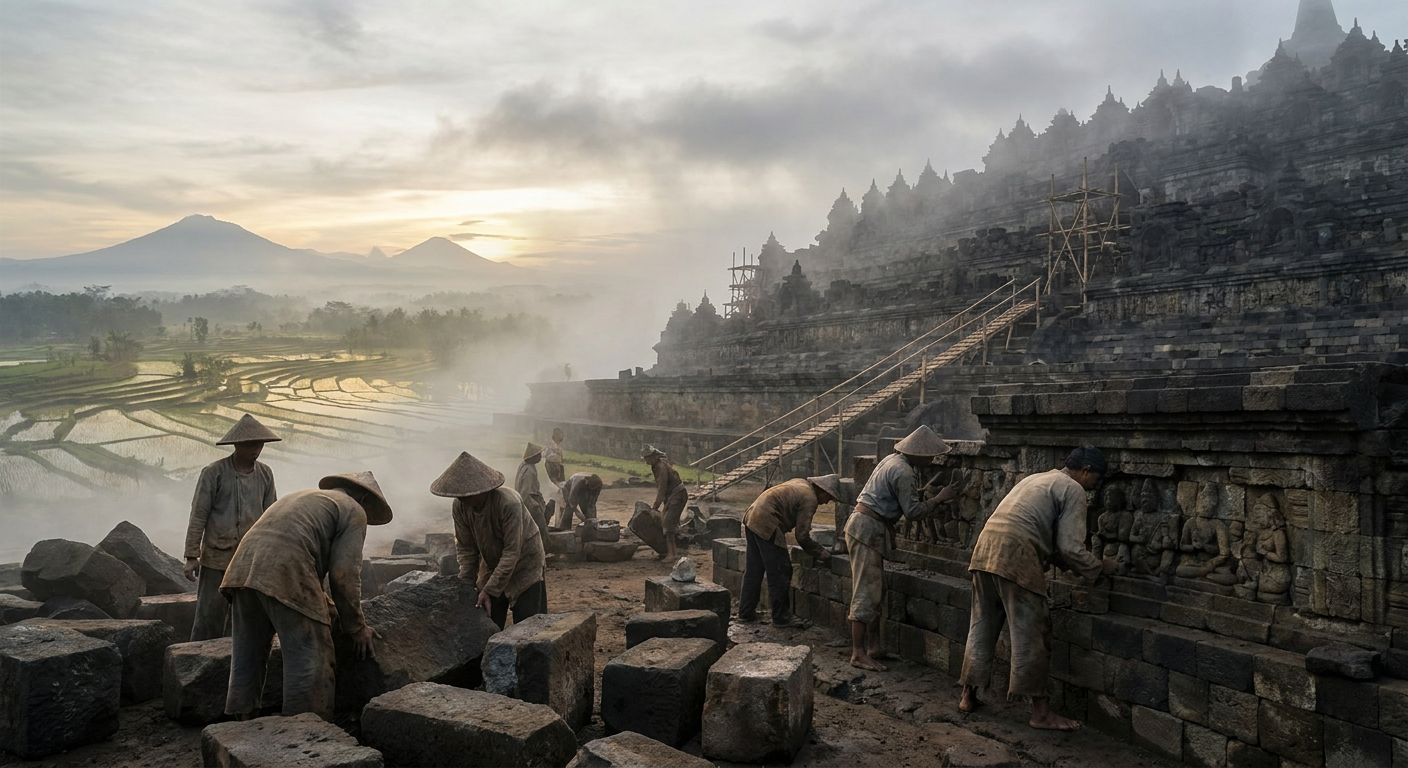 A lush green landscape of Javanese rice terraces situated beneath the slopes of a mist-covered volcano.