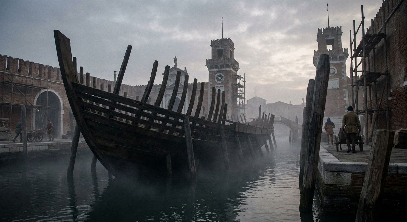 A view of Venice showing historic domes and bell towers rising from the lagoon waters under a soft morning light.