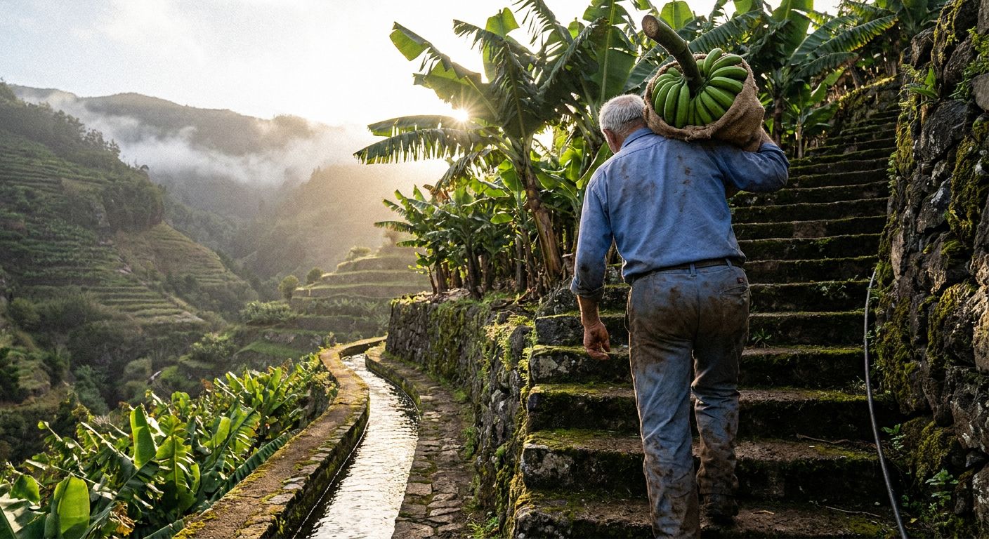 Steep volcanic terraces covered in lush green banana plants overlooking the Atlantic Ocean in Madeira.