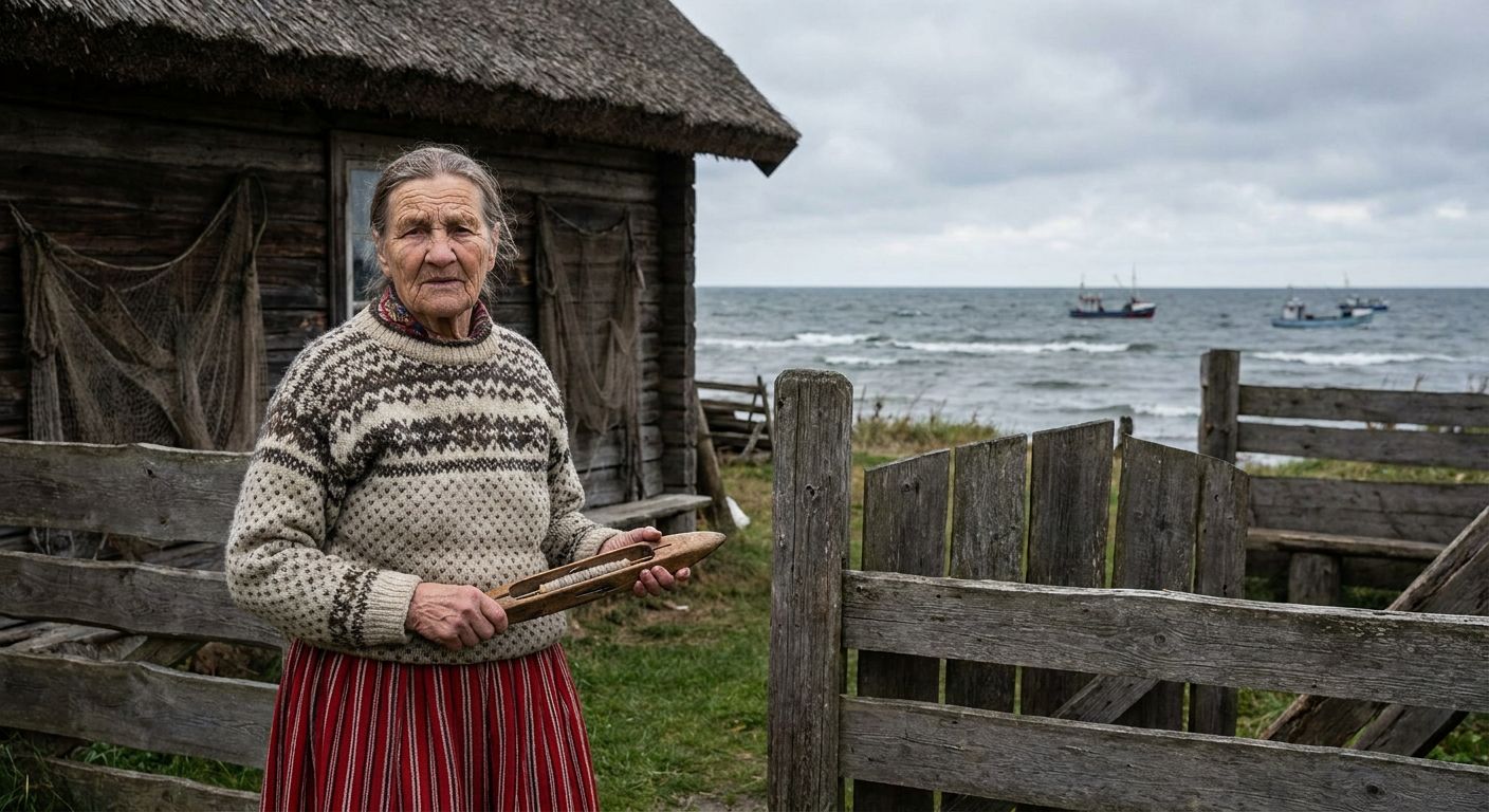 An elderly woman on Kihnu Island wearing a traditional red striped wool skirt while riding a vintage sidecar motorcycle.