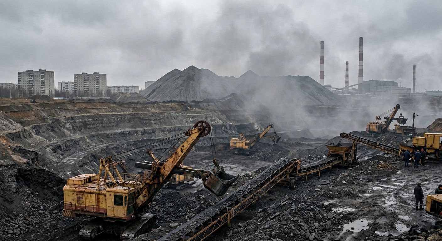 Massive flat-topped grey ash mountains and industrial chimneys rising above the landscape of Ida-Viru County.