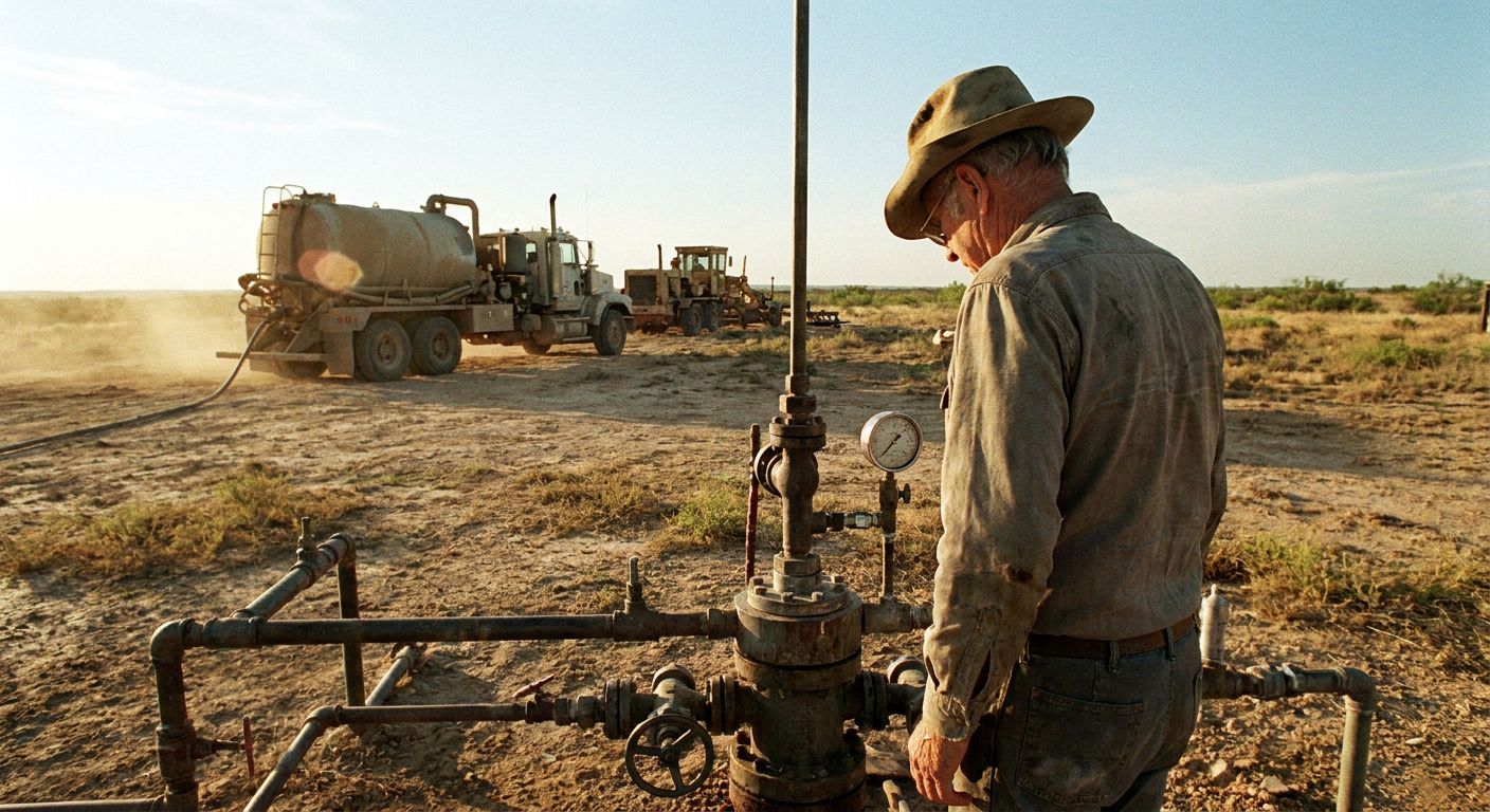 A man stands on a patch of Texas scrubland overlooking a drilling site in the Barnett Shale.