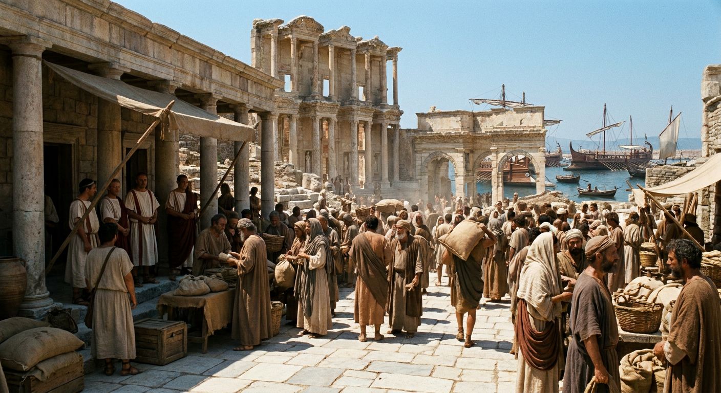 The monumental marble facade of the Library of Celsus stands against a clear sky in the ancient city of Ephesus.