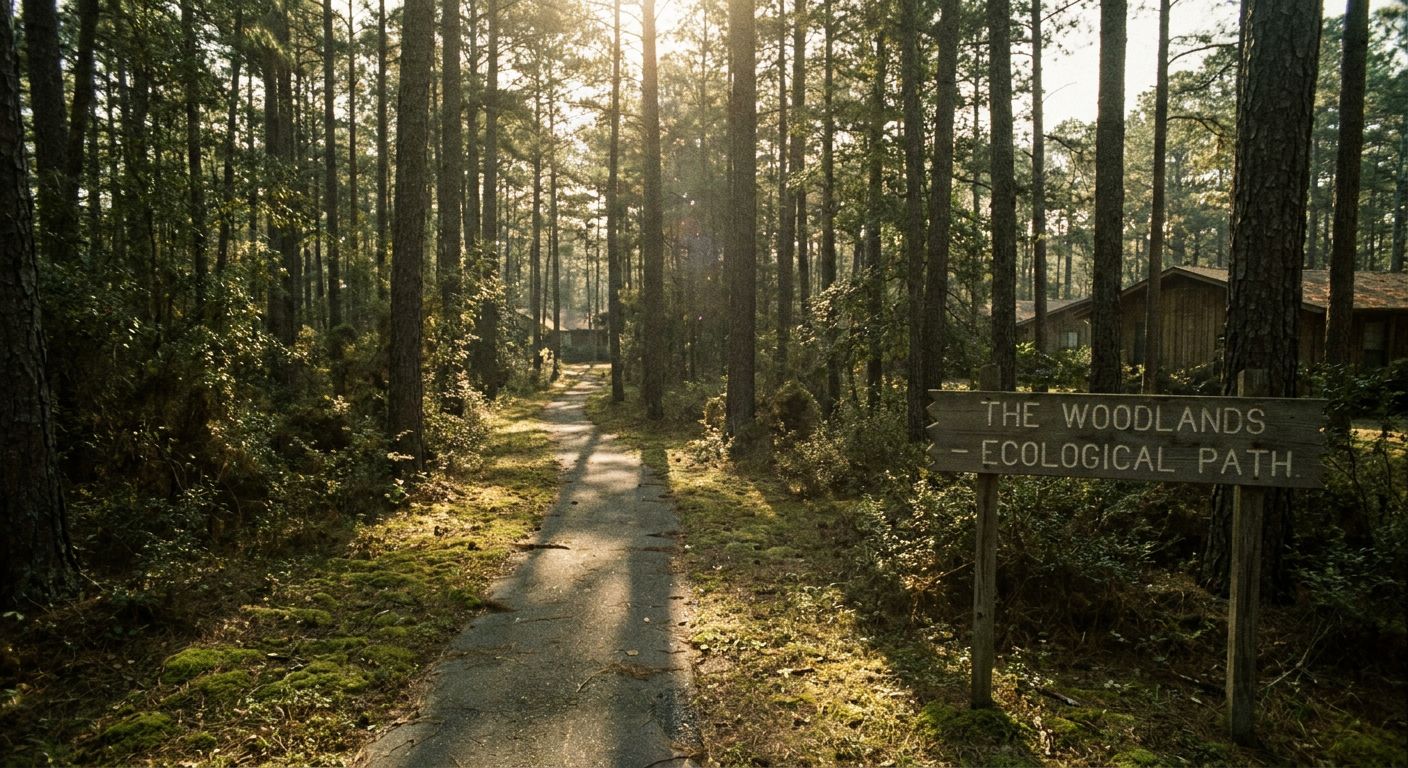 A dense canopy of loblolly pines and sweetgum trees characteristic of the forested landscape in The Woodlands, Texas.