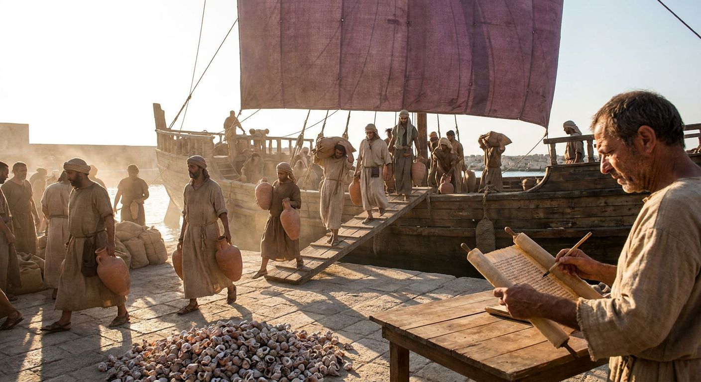Ancient cedar-wood ships with square sails navigating the Mediterranean coast near Lebanon.