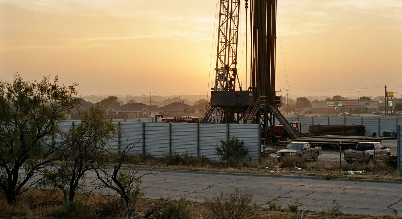 Scrubland in North Texas with equipment used for natural gas extraction under a clear sky.