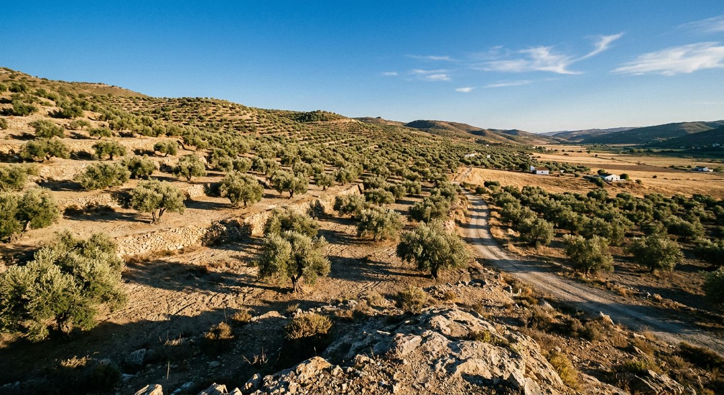A landscape of silver-green olive trees planted in disciplined rows across the rolling hills of rural Málaga.
