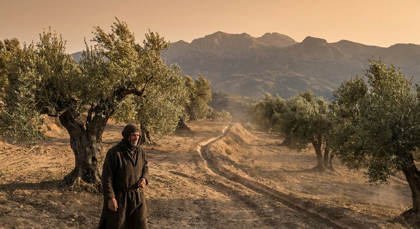 A vast landscape of silver-green olive trees planted in precise rows across the rolling hills of Andalusia.