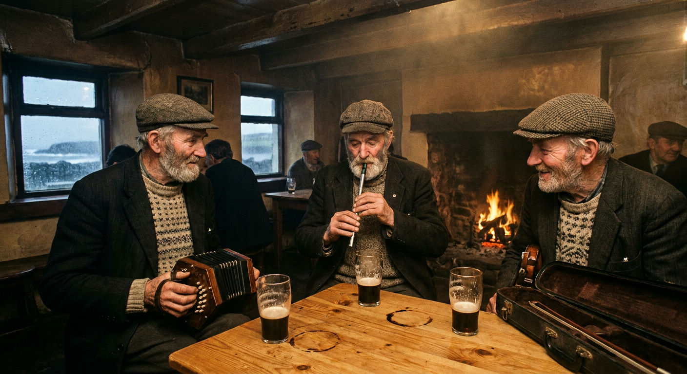 A low-slung, white-walled Irish pub at the edge of the rocky County Clare coastline under a cloudy Atlantic sky.