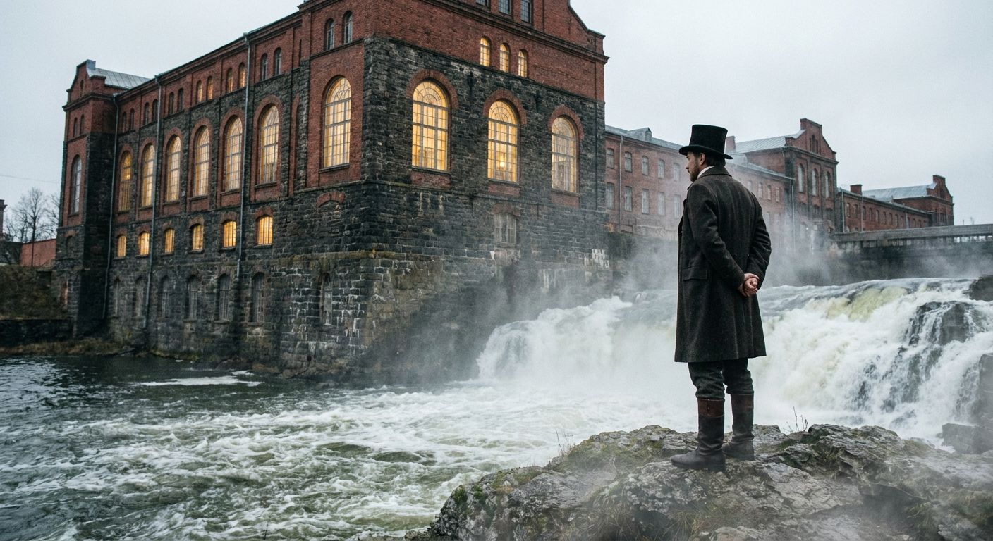 Vast red-brick industrial buildings of the Kreenholm Manufacture standing on the rocky banks of the Narva River.
