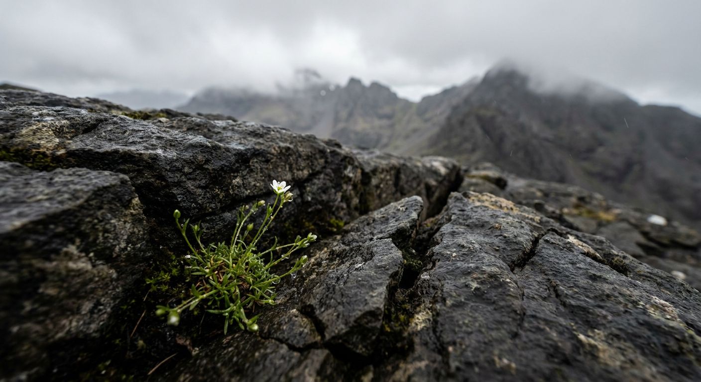 A tiny white star-shaped Skye Pearlwort flower growing between dark volcanic gabbro rocks on a misty mountain ridge.