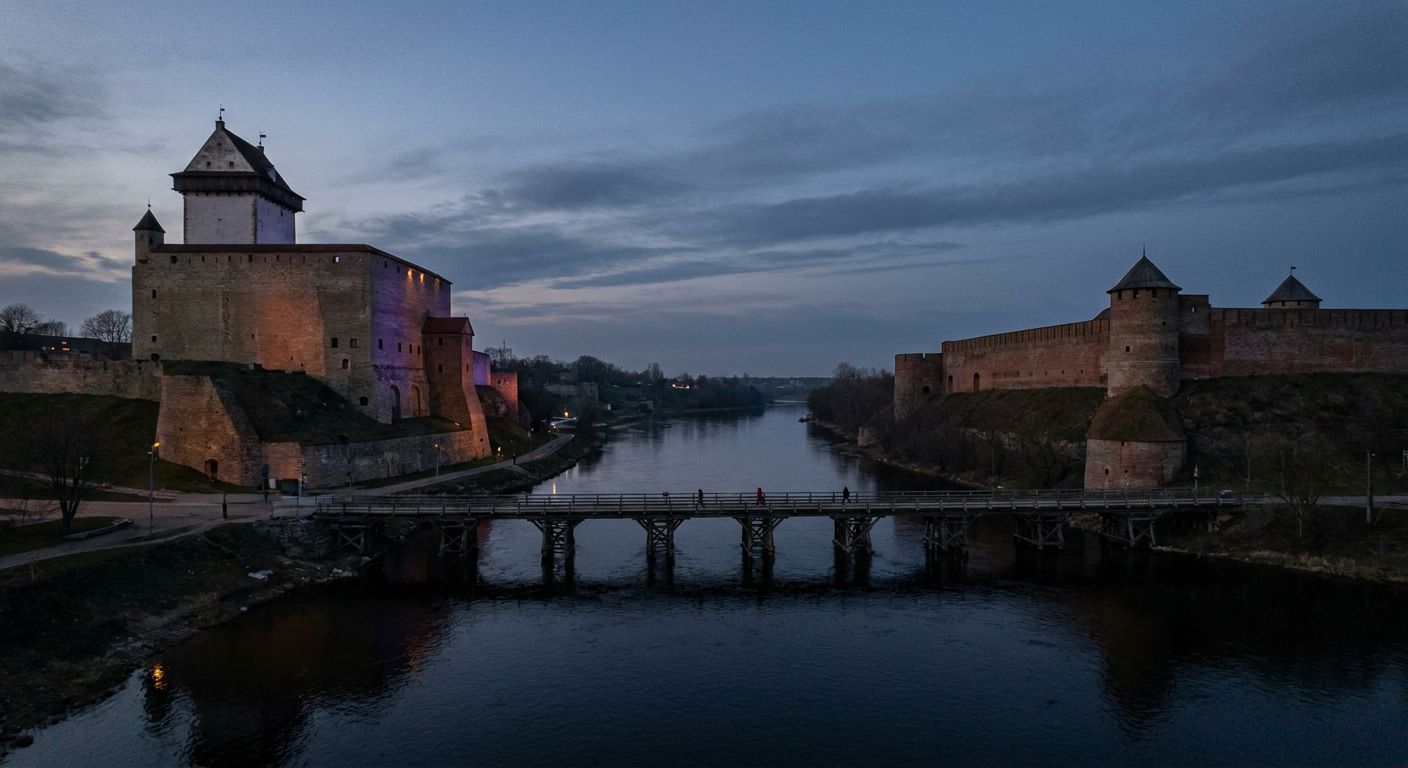 Two massive stone fortresses, Narva Castle with its tall tower and Ivangorod with thick ramparts, face each other across a narrow river.