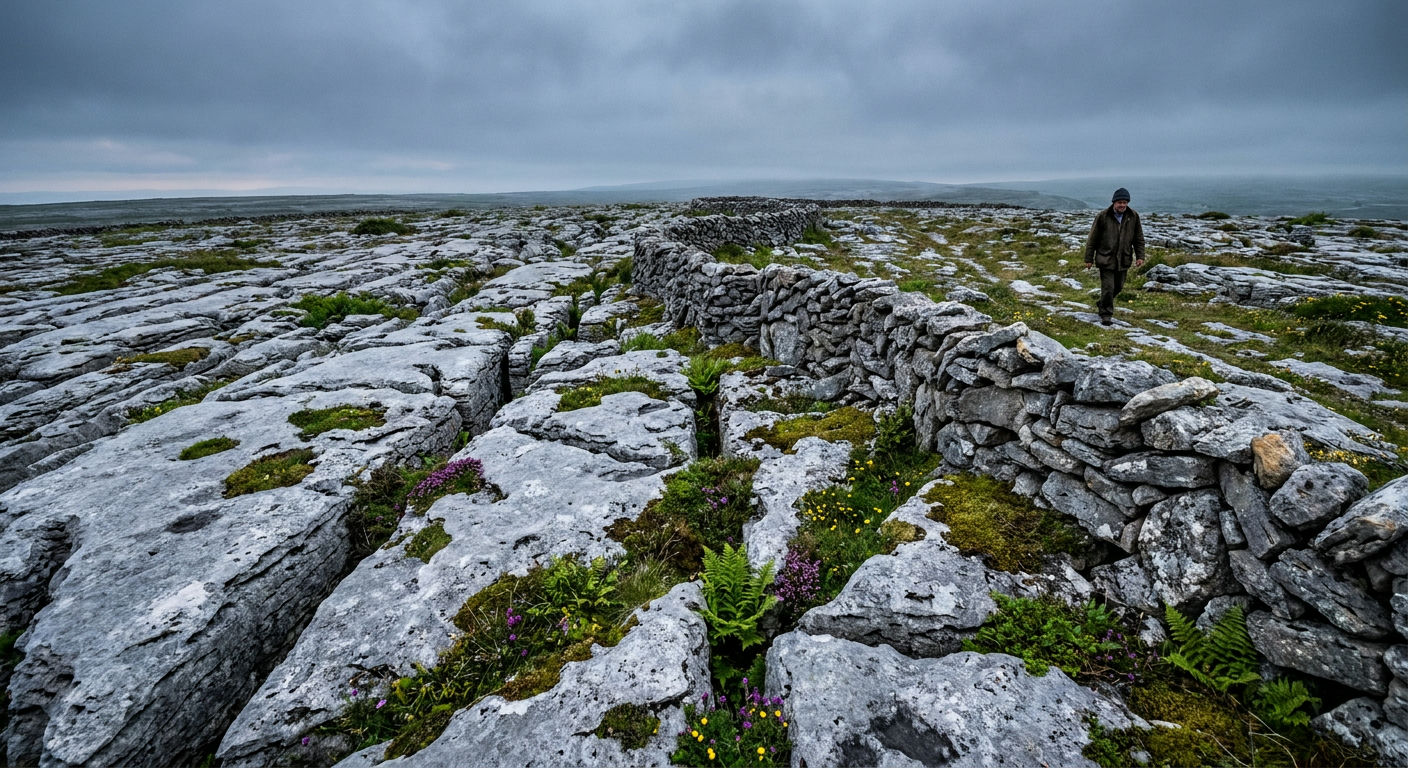 A wide, cracked limestone plateau in the Burren with deep fissures and ancient stone structures under a cloudy sky.