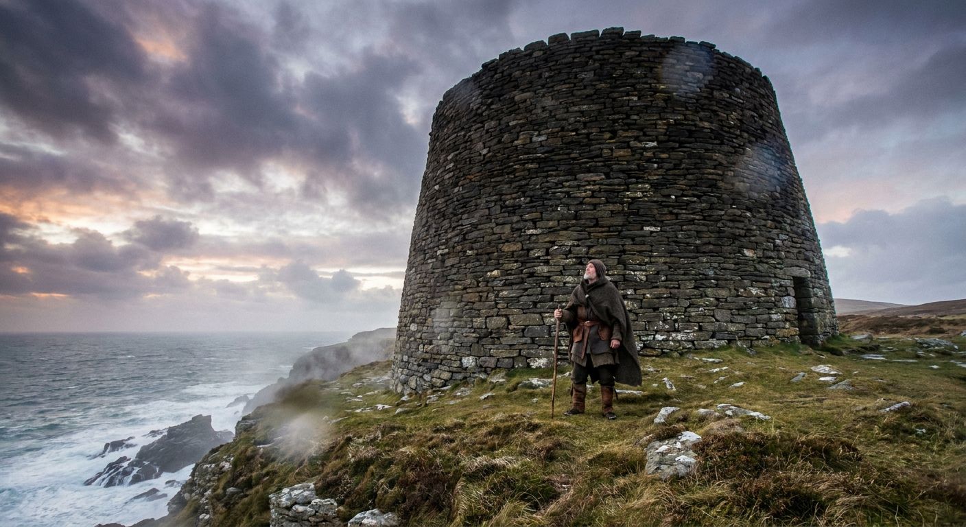 An ancient circular dry-stone broch tower stands prominently on a grassy Scottish coastline under a misty sky.