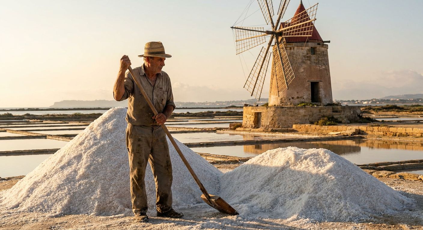 A traditional Sicilian windmill with a red conical roof and wooden sails stands beside white salt mounds in Trapani.