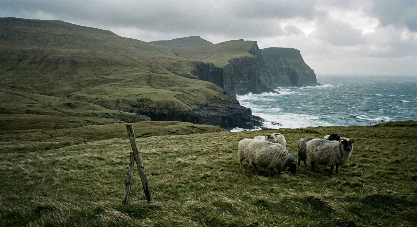 Lush green, treeless mountains and steep basalt cliffs of the Faroe Islands overlooking the North Atlantic ocean.