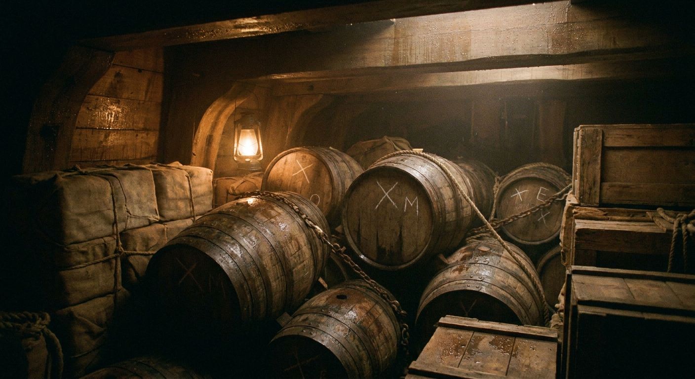 Barrels of wine stored in a dark wooden hold of a historical sailing vessel.