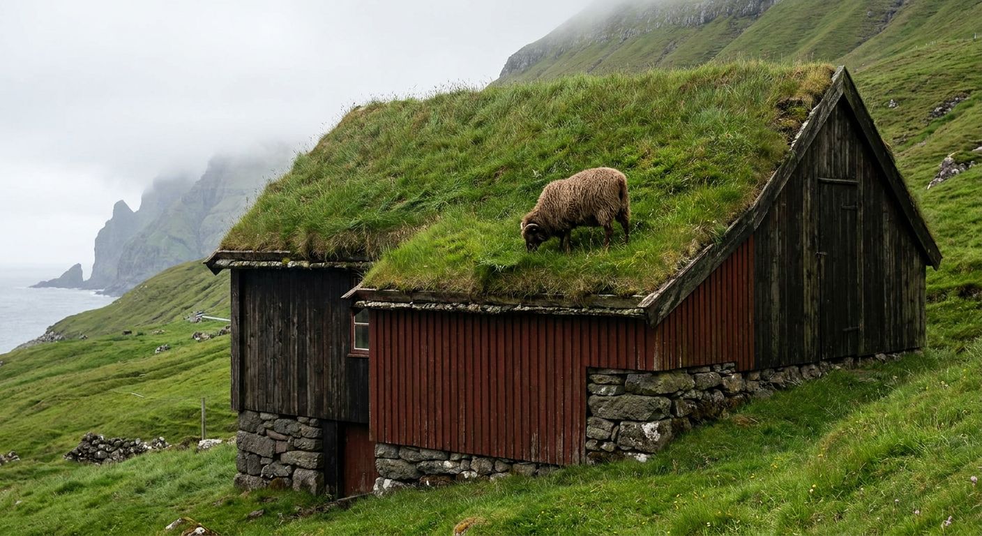 Traditional Faroese houses with thick green grass roofs blend seamlessly into the lush emerald hills of a coastal village.
