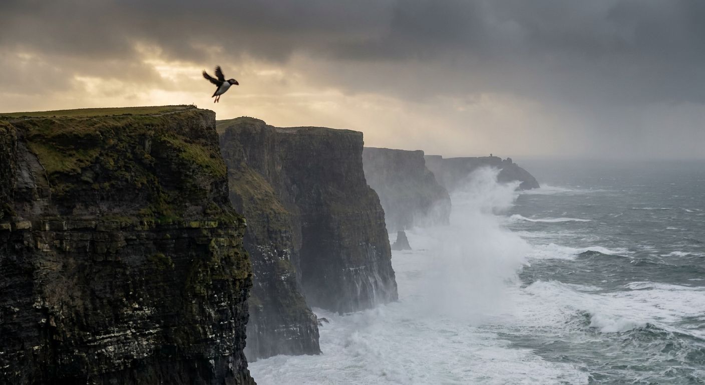A vertical view of the jagged, layered stone cliffs of Moher dropping into the frothing white waves of the Atlantic.